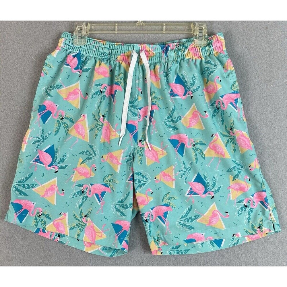 Chubbies Swim Trunks Mens Size L Teal Blue Pink Flamingo Palm Trees 7" Retro